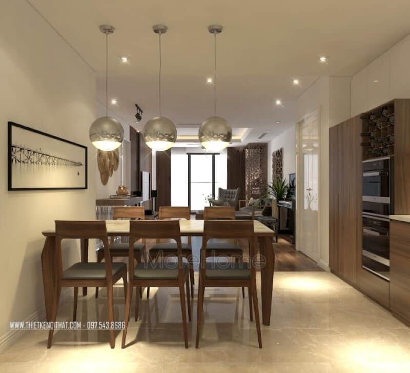 Hình ảnh bộ bàn ăn 6 ghế gỗ óc chó cao cấp ở căn hộ chung cư hiện đại Imperia Garden Hà Nội thiết kế chung cư