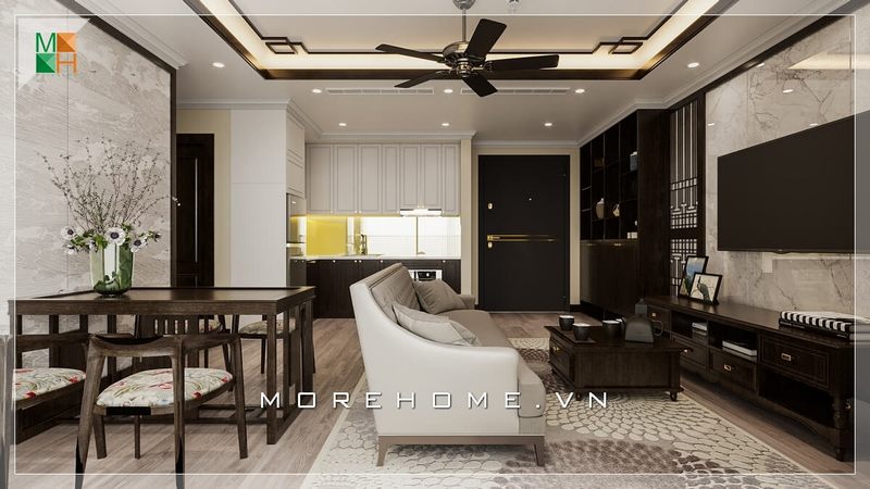Lựa chọn thiết kế chung cư cao cấp bằng đá ốp vách tivi màu trắng cao cấp cũng là chất liệu được gia chủ chọn giúp không gian căn phòng sáng và sang trọng hơn thiết kế chung cư