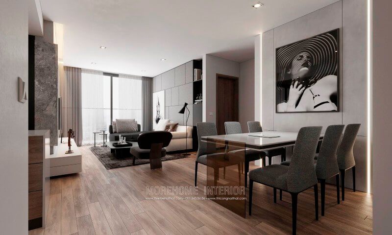 Nội thất chung cư hiện đại được thiết kế đơn giản tông màu xám, tường sử dụng màu xám trắng kết hợp vật liệu gỗ tạo không gian sang trọng, thoáng đãng và tiện nghi hơn Thiết kế chung cư