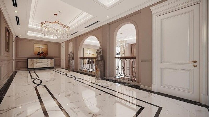 Thiết kế hành lang ấn tượng với chiếc bàn trang trí đẹp mắt cùng bức tranh canvas treo tường độc đáo. Thiết kế chung cư