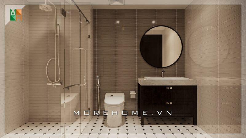 Mẫu thiết kế nhà tắm cao cấp màu trắng trang nhã từ đá ốp tường tạo cảm giác thông thoáng, rộng rãi. Mẫu nội thất chung cư đẹp