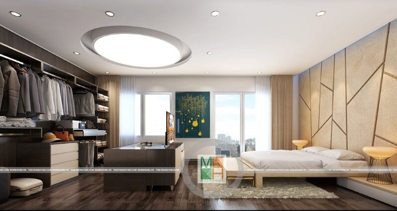 Mẫu thiết kế phòng ngủ đẹp cho chung cư với đồ nội thất gỗ tự nhiên cao cấp: giường ngủ gỗ, tủ quần áo âm tường, tạp đầu giường, bàn trang điểm kết hợp với trần thạch cao lông lẫy mang đến cảm giác sang trọng cho căn phòng ngủ Thiết kế chung cư