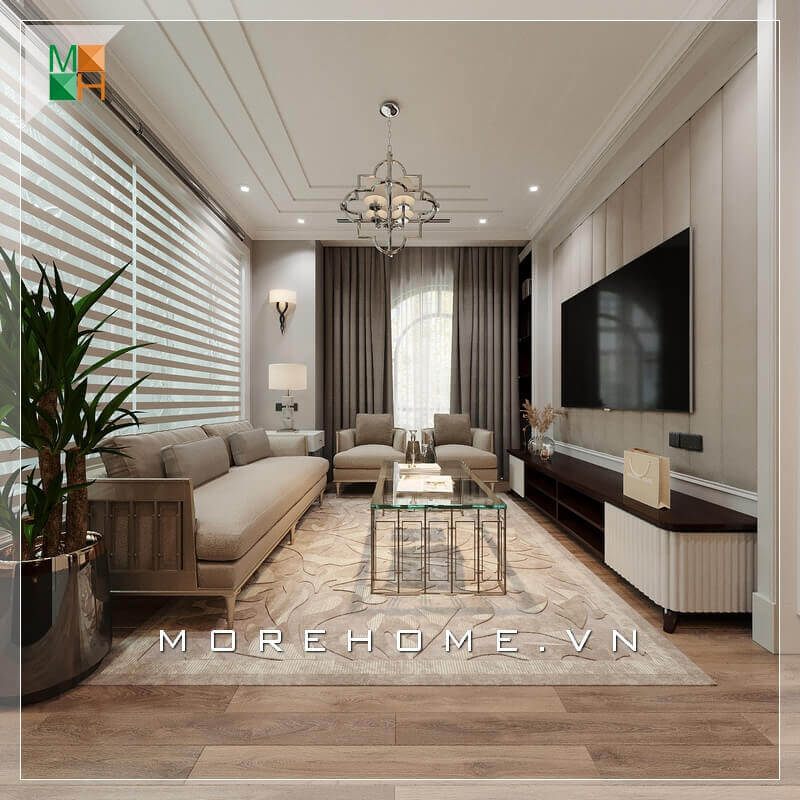 Morehome gợi ý cho bạn mẫu thiết kế nội thất phòng khách chung cư, nhà phố tiện nghi và sang trọng mang phong cách tân cổ điển. thiết kế chung cư