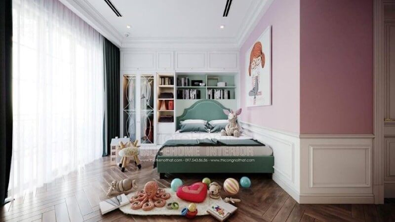 Tủ quần áo liền kệ để đồ đẹp, sang trọng co phòng bé gái. thiết kế nội thất chung cư