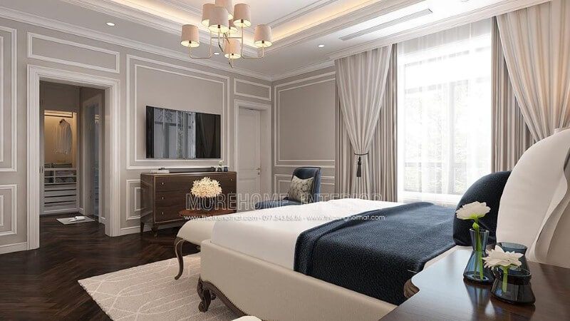 Trang trí nội thất phòng ngủ tân cổ điển có tủ quần áo đối diện giường ngủ khoa học, phong thủy. thiết kế nội thất chung cư