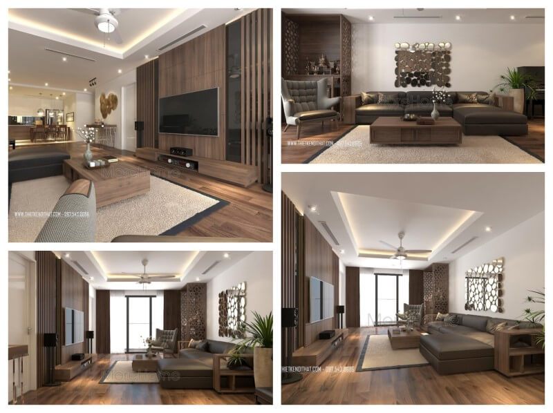 Mẫu sofa góc gỗ óc chó bọc da hiện đại đẹp sang trọng tại chung cư Imoeria Garden Hà Nội thiết kế chung cư