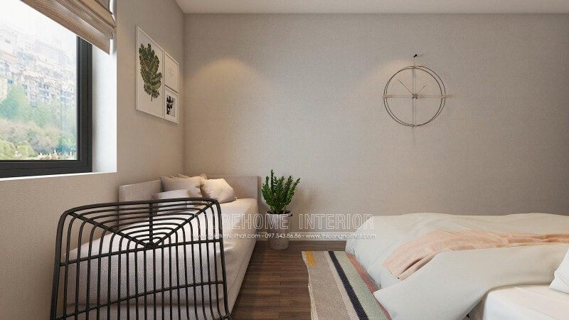 Ghế sofa dài màu ghi đẹp, hiện đại được bố trí ngay tại cửa sổ giúp bạn có thể tận hưởng cảm giác êm ái khi nắm nét đẹp sinh động từ tự nhiên ngay trong phòng ngủ của mình. Thiết kế chung cư