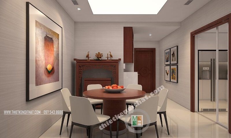 Thiết kế nội thất căn hộ chung cư Royal City Thanh Xuân hiện đại với phòng bếp và bàn ăn liền kề rất thuận tiện mang đến cảm giác gần gũi cho gia chủ. Thiết kế chung cư