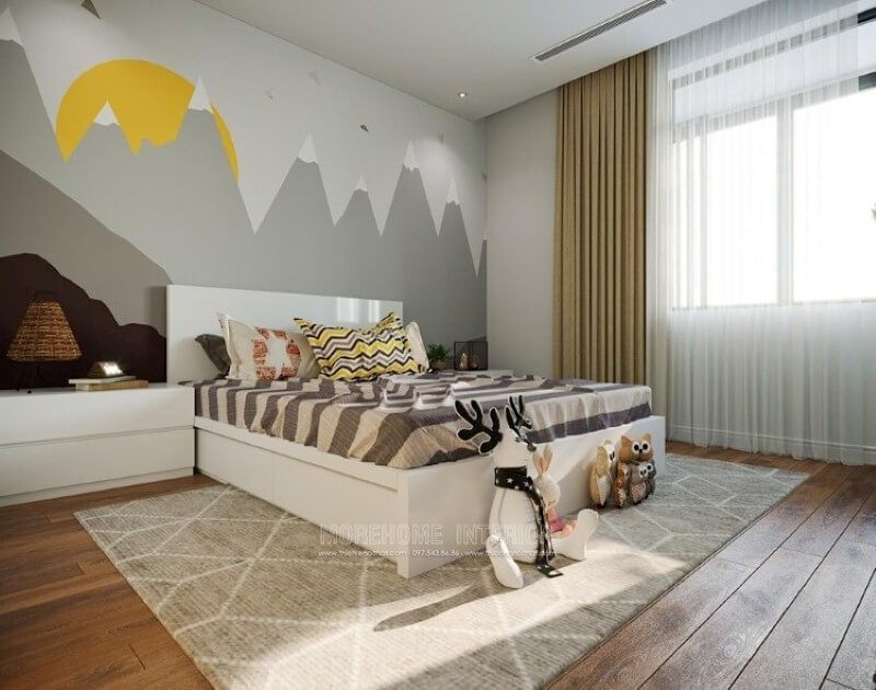 Giường ngủ trẻ em đẹp độc đáo đáng yêu với tone màu trắng tạo cảm giác rộng rãi thông thoáng cho phòng bé. thiết kế nội thất chung cư