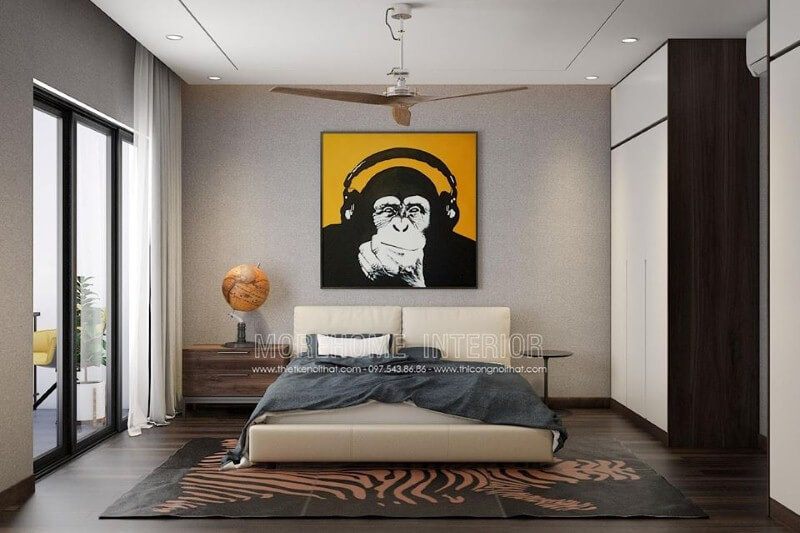 Trang trí phòng ngủ hiện đại đẹp với tranh canvas treo tường cùng quả địa cầu độc đáo. thiết kế nội thất chung cư