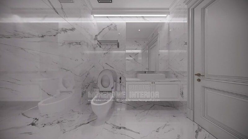 Sắp xếp phòng vệ sinh nhỏ đẹp ấn tượng với đá lát nền, ốp tường đồng bộ tạo nên sự độc đáo, mới lạ cho không gian. thiết kế nội thất chung cư