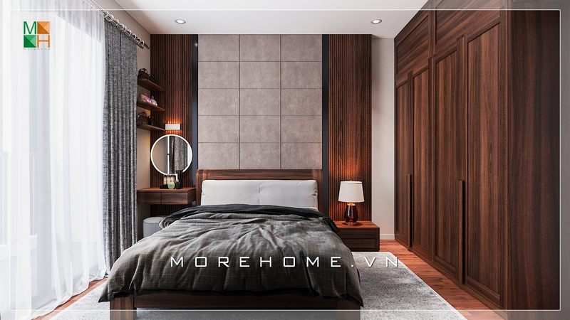 Mẫu thiết kế phòng ngủ chung cư phong cách hiện đại, nội thất gỗ tự nhiên cao cấp với những đường vân tinh tế mang đến sự ấm cúng cho ngôi nhà. thiết kế chung cư