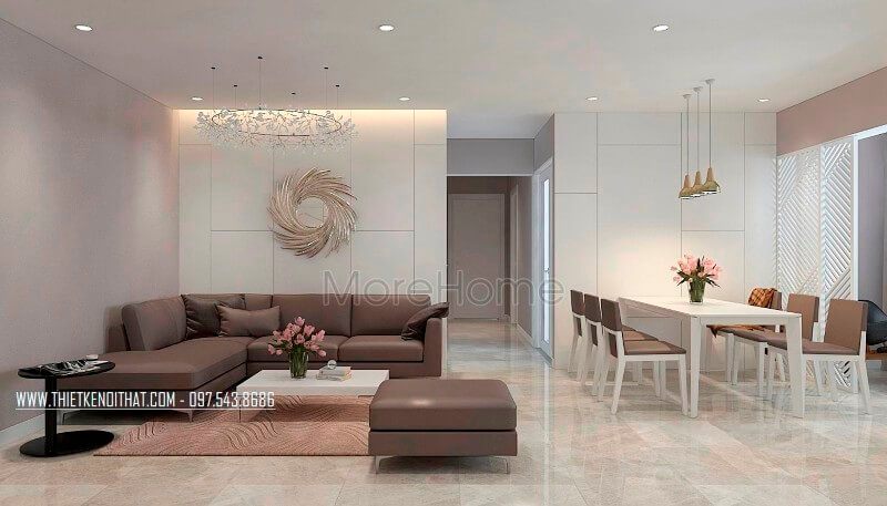 Khu vực phòng khách căn hộ chung cư hiện đại này được thiết kế theo phong cách hiện đại trẻ trung- phong cách thường được thiết kế cho những đôi vợ chồng trẻ. Mẫu thiết kế nội thất phòng khách chung cư hiện đại