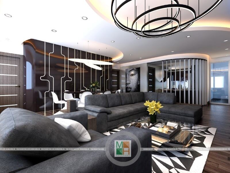 Thiết kế nội thất chung cư hiện đại với bộ sofa da màu đen sang trọng tạo điểm nhấn nổi bật cho phòng khách. thiết kế chung cư