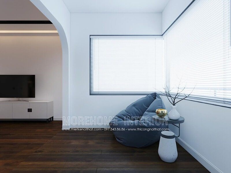 Ghế lười màu xám kết hợp cùng chiếc bàn nhỏ xinh xắn vừa đảm bảo công năng vừa mang lại vẻ đẹp thẩm mỹ lại vừa giúp phòng ngủ trở nên thông thoáng. thiết kế chung cư
