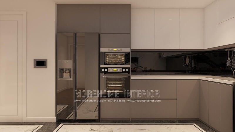 Tủ bếp công nghiệp bóng gương có 2 gam màu đối lập xám và trắng, tạo nên một ấn tượng không bao giờ bị lỗi mốt.